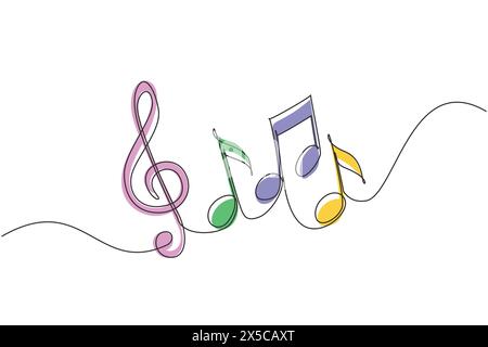 Continuous one line drawing music notes on stave. Musical symbol in one linear minimalist style. Trendy abstract wave melody. Vector outline sketch so Stock Vector
