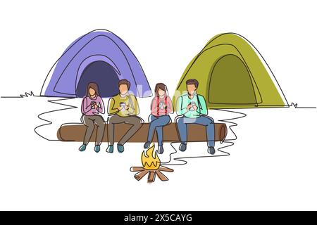 Continuous one line drawing two couple hikers sitting on log of wood near campfire in forest. People drinking hot tea, camping gear, backpack. Outdoor Stock Vector