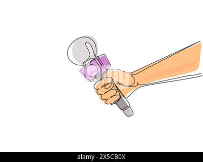 Continuous one line drawing visual on global news, journalism, live press report or interview with hand holding microphone and abstract media icons an Stock Vector
