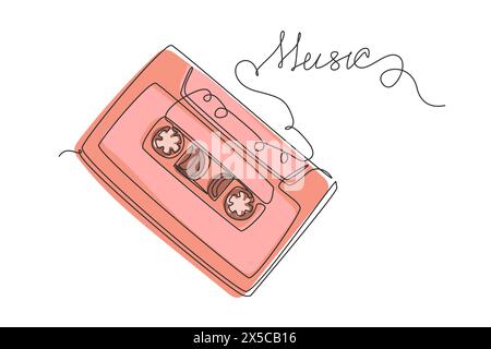 Continuous one line drawing music slogan with cassette tape illustration. Retro compact tape cassette. Vintage red audio cassette tape in doodle style Stock Vector
