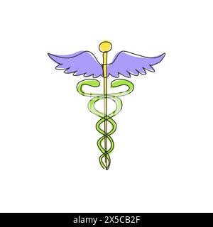 Single continuous line drawing caduceus, medical center, pharmacy, hospital with popular symbol of medicine. Medical health care icon logo. Dynamic on Stock Vector