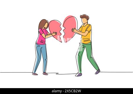 Single one line drawing heartbroken couple parting, divorce. Sad young man and woman trying to put together parts of broken heart. Modern continuous l Stock Vector