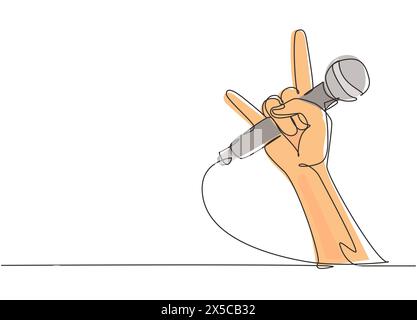 Single continuous line drawing rock hand gesture holding microphone with live rock caption. Rock and roll music live concert or party poster or flyer Stock Vector