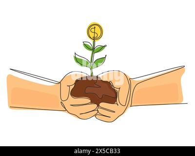 Continuous one line drawing hands holding money plant in soil on white background. Hand of businessman holding sprout a money tree. Earnings, success Stock Vector