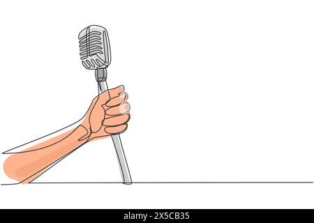 Continuous one line drawing hand with a retro microphone. Vintage engraving stylized drawing. Karaoke man sings the song to old style microphone. Sing Stock Vector