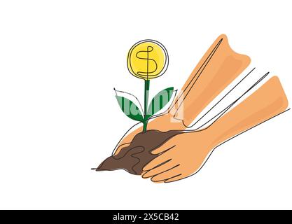 Single one line drawing planting young money tree by kid hand on back soil as care. Concept for return coin money saving and investment. Modern contin Stock Vector