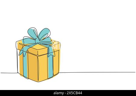 Continuous one line drawing gift box with ribbon. White box wrapped with ribbon on white background. Decorative gift or cardboard box with bow. Single Stock Vector