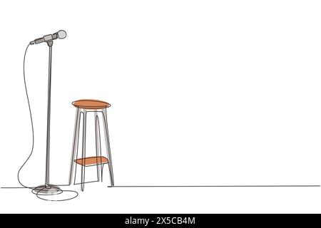 Single continuous line drawing microphone and stool on stand up comedy stage. Equipment at night club or bar for stand up comedian performance. Dynami Stock Vector