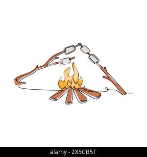 Single continuous line drawing roasting marshmallow on bonfire at night. Campfire and stick branches with roasted marshmallows. Fun summer camping act Stock Vector