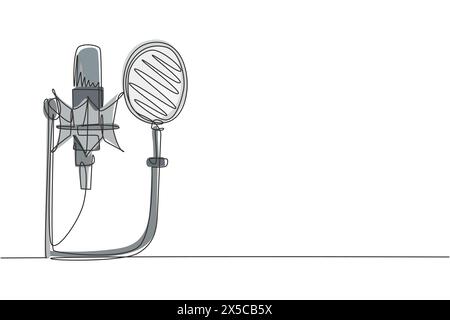 Single one line drawing technology object, sound recording equipment concept. Studio silver microphone and black pop shield on mic stand. Modern conti Stock Vector