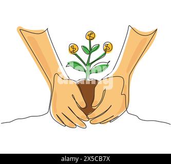 Single continuous line drawing farmer hands growing young money tree. Money tree investment growth income interest savings economy financial business. Stock Vector