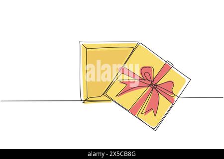 Single continuous line drawing top view open gift box and confetti. Enter to win prize. Present package with bursting element, surprise inside. Dynami Stock Vector