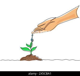 Single one line drawing hand nurturing and watering young baby plants growing in germination sequence on fertile soil. Agriculture ecology concept. Mo Stock Vector