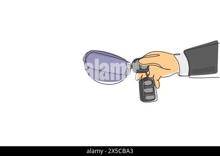 Single continuous line drawing woman with car key. Hand holding car key and alarm system. Female hand holding car key with alarm keychain. Dynamic one Stock Vector