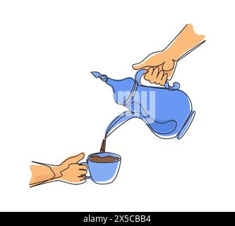 Single continuous line drawing hand pouring hot black coffee from traditional Arabic coffee pot into cup. Brewing coffee at family party. Stainless st Stock Vector