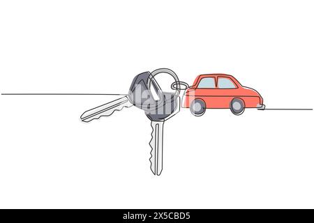 Single one line drawing keys with car shaped key holders. Keychain with key ring, two keys and pendant car locket. Keychain with car with locket vecto Stock Vector
