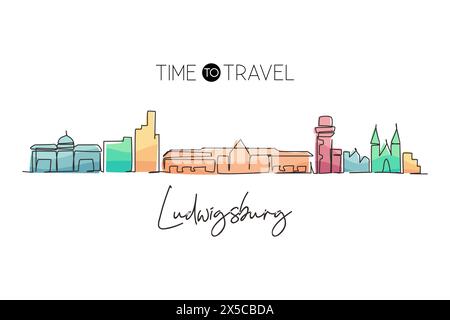 Single continuous line drawing Ludwigsburg skyline, Germany. Famous city scraper landscape. World travel home wall decor art poster print concept. One Stock Vector