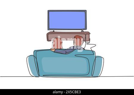 Single one line drawing family sitting on sofa and watch tv in living room at evening. Lounge room interior with rear view of couple on couch. Continu Stock Vector