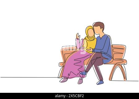 Single continuous line drawing romantic Arabic couple on bench in park. Happy man hugging and embracing woman. Couple dating celebrate wedding anniver Stock Vector