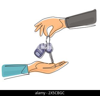 Continuous one line drawing car seller hand giving key and alarm system to buyer. Car rental for sale concept. Hand of car salesman manager holding ke Stock Vector