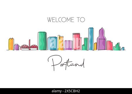 Single one line drawing Portland city skyline, Oregon. Beautiful landmark. Beautiful world landscape tourism travel wall decor poster, postcard. Conti Stock Vector