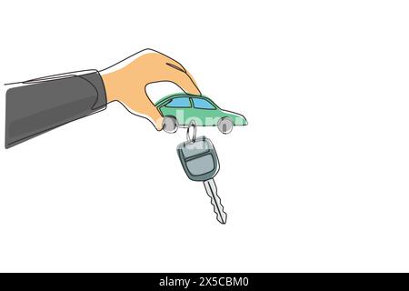 Single one line drawing man handing over keys. Car rental for sale. Hand holding car key with alarm keychain. Hand of car salesman manager holding key Stock Vector