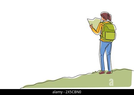 Continuous one line drawing woman hiker with backpack and map hiking in mountain or forest and exploring nature. Active outdoor travelling. Tourism co Stock Vector