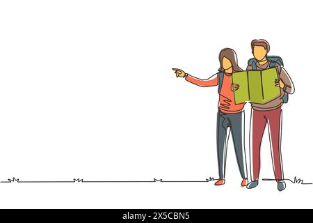 Single one line drawing hiking hikers couple man woman with backpacks and map in mountains. Travelers backpacking or trekking romantic trip adventure. Stock Vector