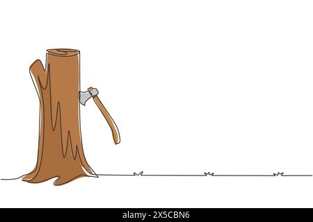 Single continuous line drawing hatchet in beside tree stump. A tree stump with an axe stuck. Forest, camping concept. Axe in stuck at stump. Dynamic o Stock Vector