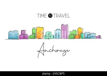 Continuous one line drawing Anchorage city skyline, Alaska. Historical town landscape in the world. Best holiday destination. Editable stroke trendy s Stock Vector