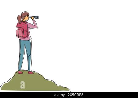 Single one line drawing girl trekking on mountain. Young woman traveling in mountains, standing on top, looking in binoculars. Tourist outdoor scene. Stock Vector