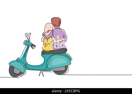 Continuous one line drawing back view Arabic riders couple trip travel relax. Romantic honeymoon moments with hugging. Man with woman riding scooter m Stock Vector