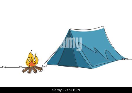 Single continuous line drawing family adventure camping evening scene. Tent, nature, campfire, pine forest and rocky mountain, starry night sky with m Stock Vector