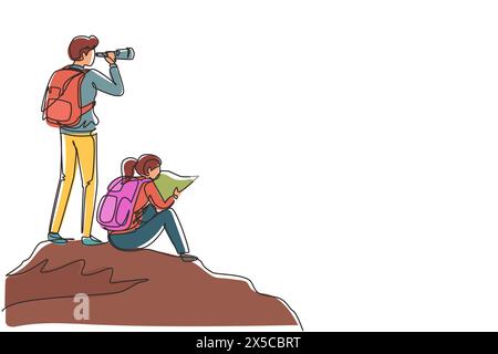 Continuous one line drawing couple hikers man woman with backpacks, binocular, and hiking gear reading route map. Looking for direction, checking loca Stock Vector