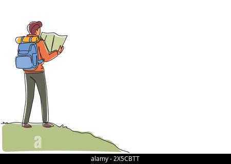 Single continuous line drawing man hiker with backpack and map hiking in mountains or forest and exploring nature. Active outdoor travelling. Dynamic Stock Vector