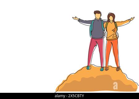 Single continuous line drawing climber man woman stands with arms outstretched on top of mountains. Couple raised they hands up in joy. Achieving succ Stock Vector
