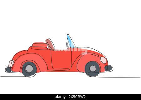 Single continuous line drawing old retro convertible car parked at city street. Symbol of collectors car and automotive. Vintage motor vehicle. Dynami Stock Vector