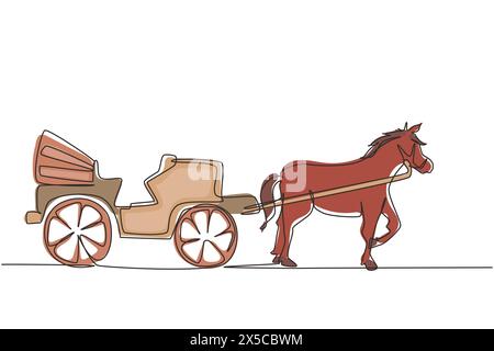 Single one line drawing vintage transportation, horse pulling carriage. Old carriage with a horse, a horse pulls a carriage behind him. Modern continu Stock Vector