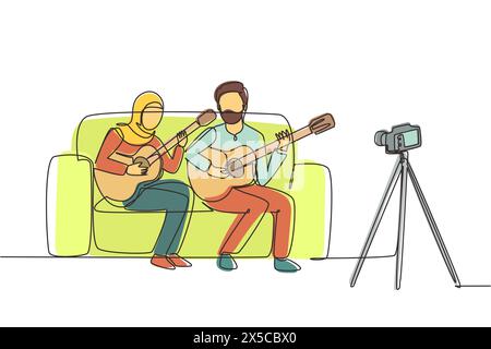 Single continuous line drawing Arabian couple vlog influencer performing music show to streaming online audience listening at home. Man woman playing Stock Vector