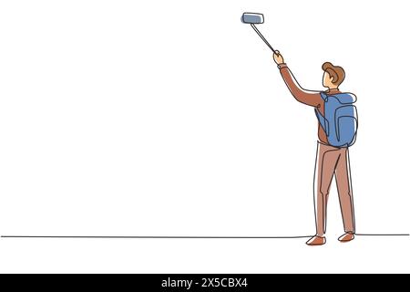 Single one line drawing young man traveler with backpack hiking in mountain while recording video using his smartphone. Travel blogger. Modern continu Stock Vector