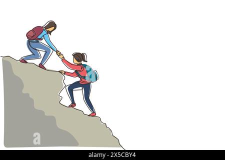Continuous one line drawing two people woman success on peak of mountain. Team of climbers helping hand on mountain top. Teamwork hiking, trust assist Stock Vector