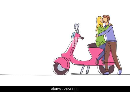 Single continuous line drawing scooter, travel, couple, adventure, ride concept. Family couple travel by scooter. Happy Arab man and woman ride motorc Stock Vector