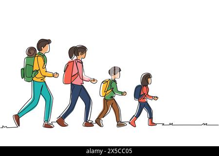 Single continuous line drawing man, woman, children, family hikers traveling trekking with backpacks in mountains forest. Trip and holiday concept. On Stock Vector