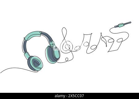 Single continuous line drawing headphones. Music gadget and note. Audio headphone outline sketch. Lineart vector concept of musical symbol. Dynamic on Stock Vector