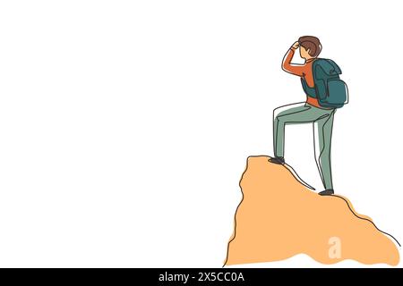 Single one line drawing man with backpack, traveller, explorer standing on top of mountain or cliff, looking on valley. Discovery, exploration, hiking Stock Vector