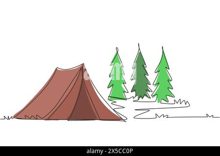 Single one line drawing tourist tent in pine forest, mountains on cloudy sky. Summer camping. Natural outdoor activities. Tent and fire camp. Continuo Stock Vector