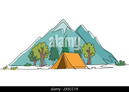 Single one line drawing summer camping day and sunset posters. Banners with mountains, trees, tent and campfire. Climbing, hiking, trekking sports. Co Stock Vector