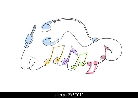 Single one line drawing earphones earbud type white color and music note symbol made from cable isolated on gradient background with copy space. Conti Stock Vector