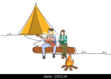 Single one line drawing couple hikers sitting on log of wood near campfire in forest. Woman drinking hot tea, man playing guitar, camping gear and bac Stock Vector
