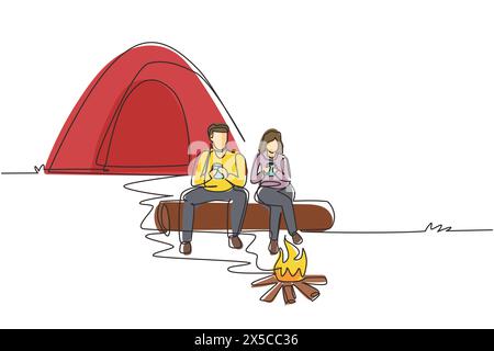 Single continuous line drawing couple hikers sitting on log of wood near campfire in forest. Man woman drinking hot tea, coffee, camping gear and back Stock Vector